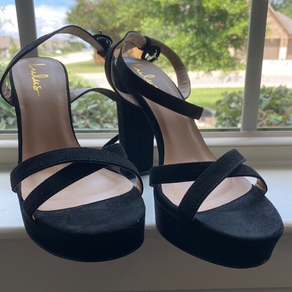 Archyy Black Suede Platform Ankle Strap Sandals - Picture 2 of 9
